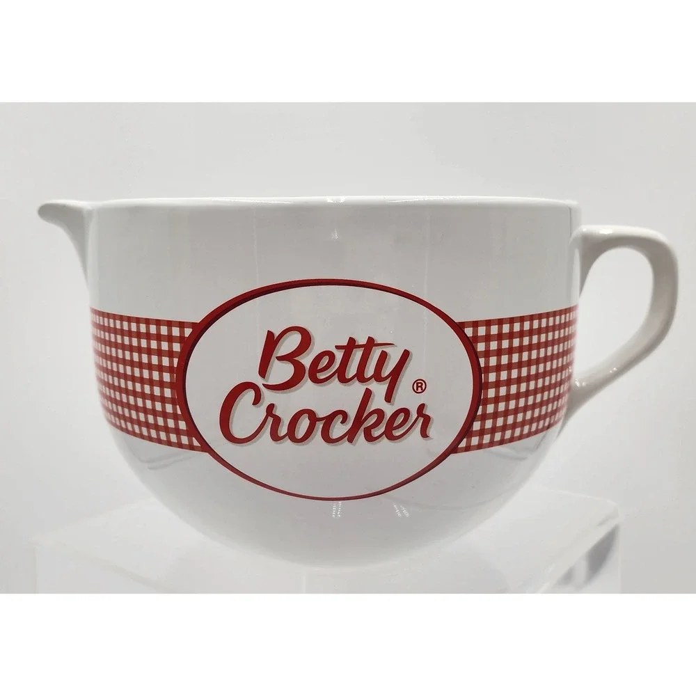 Betty Crocker Mixing Bowl Large White Red Gingham Ceramic Pour Spout Batter